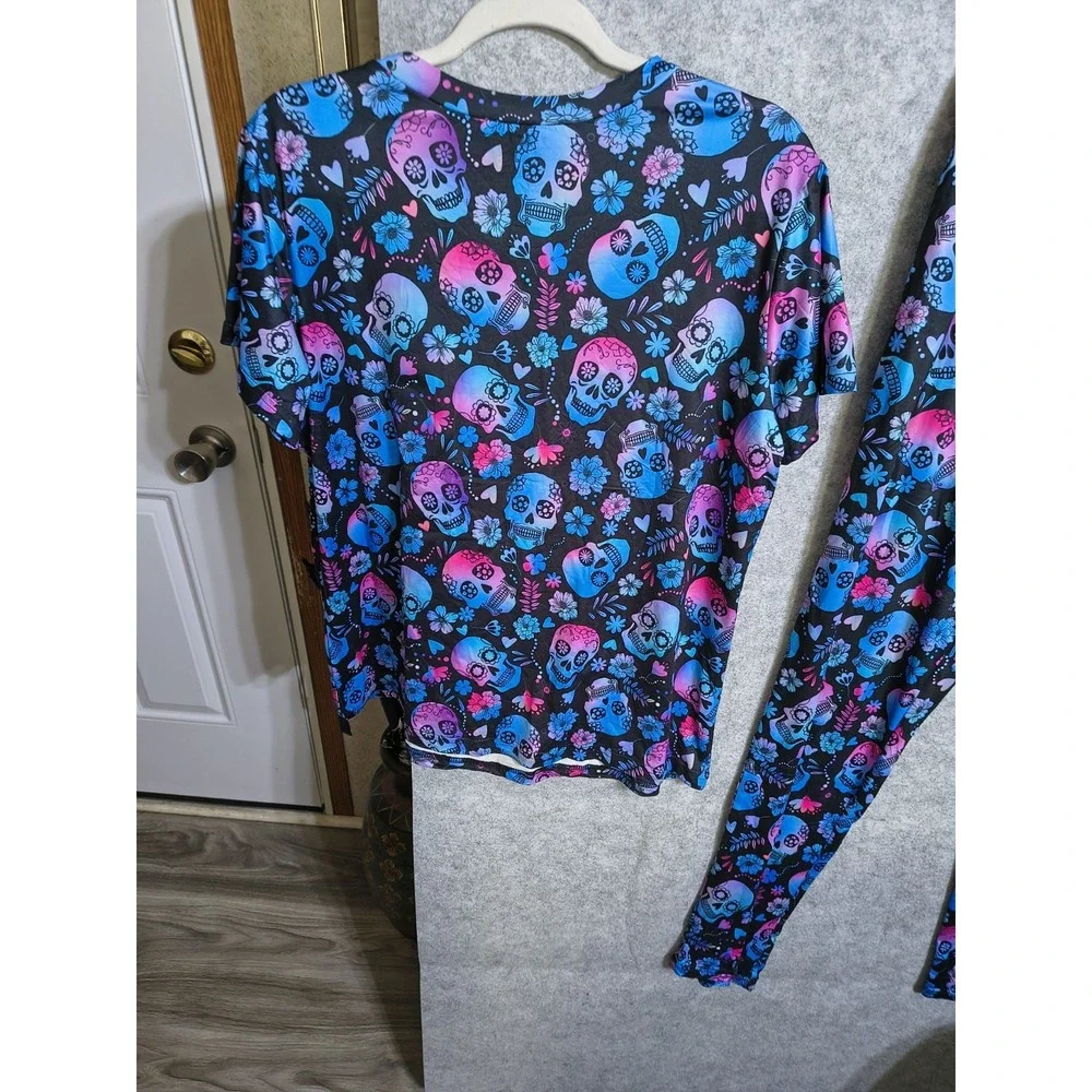 Ekouaer Satin Black Skull Skeleton Pull On Pajamas M Short Sleeve Tie Waist NWT